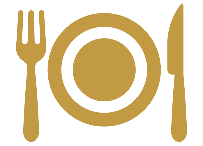 Gold fork, knife, and plate icon representing dining and culinary themes, perfect for restaurant menus, food blogs, and cooking websites.