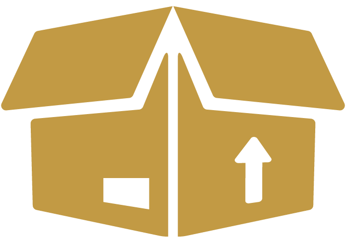 Gold outline of an open box with an upward arrow, symbolizing shipping, delivery, or packaging services.