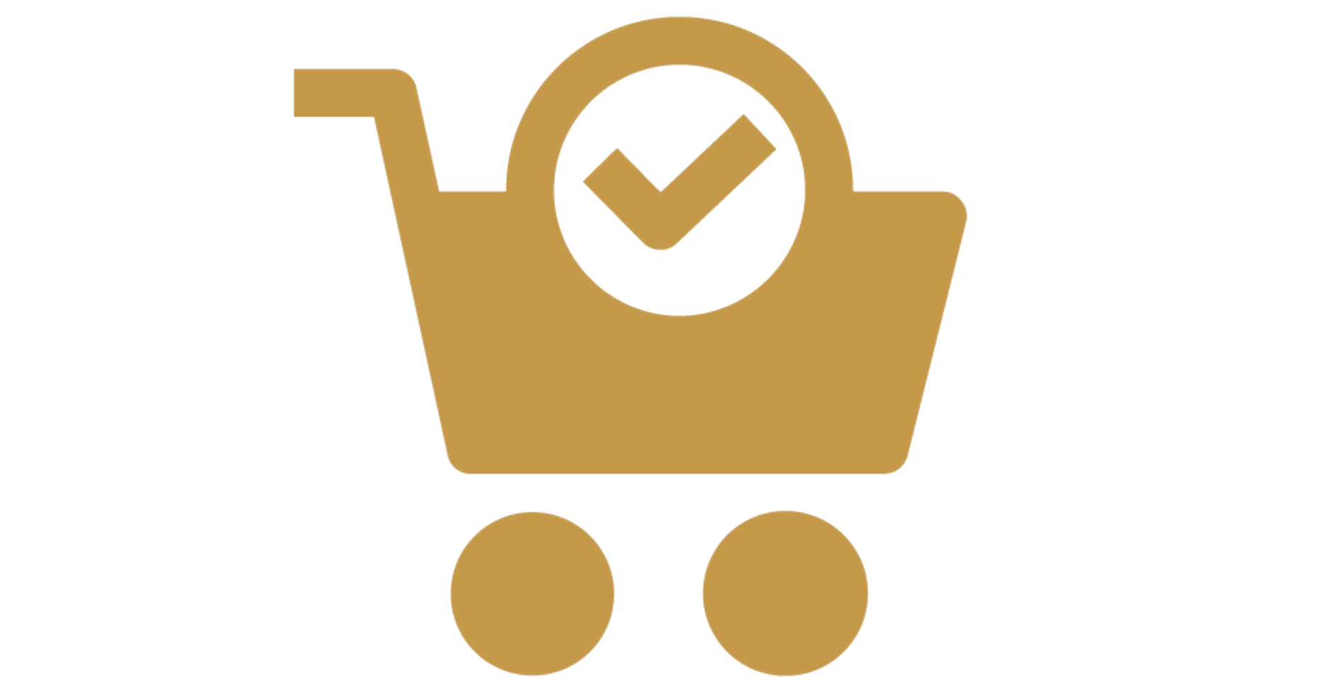 Shopping cart icon featuring a check mark, symbolizing successful purchase or order confirmation. The design is in a golden hue, suitable for e-commerce websites and applications.