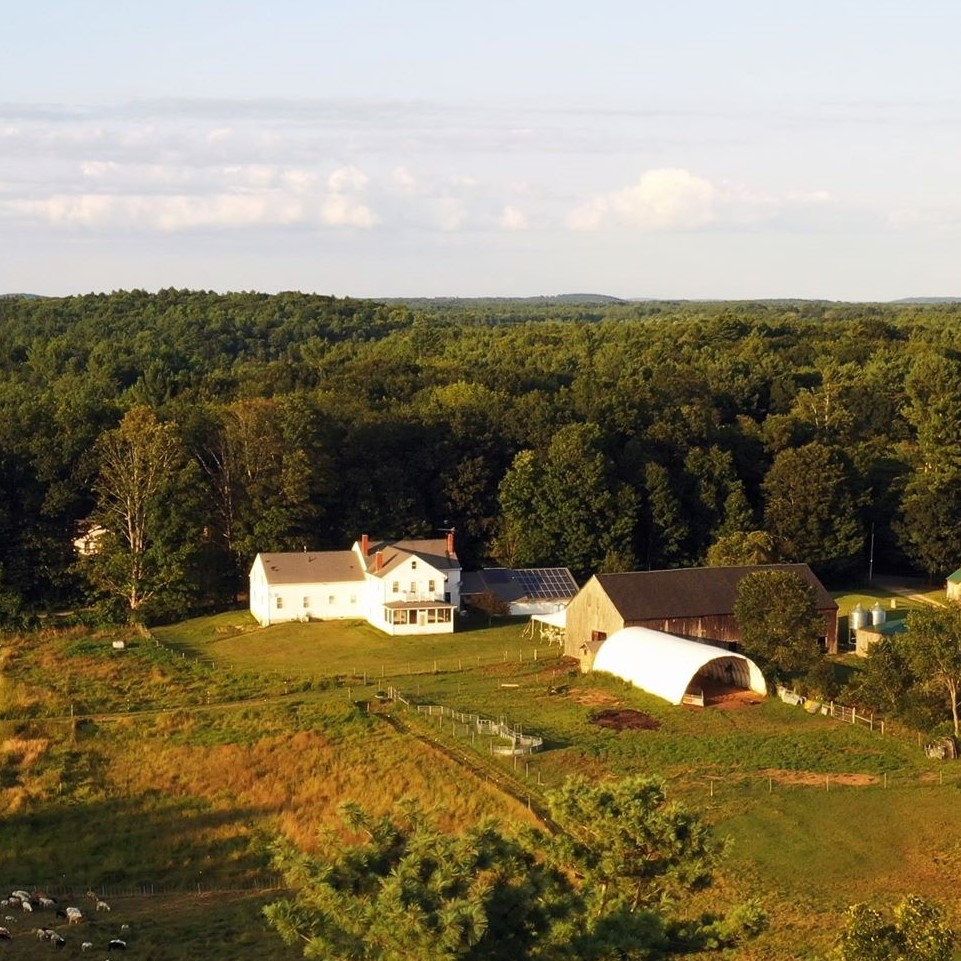 Aerial view of a rural farm featuring a white farmhouse, a barn, and green pastures surrounded by lush trees, showcasing a peaceful countryside landscape.